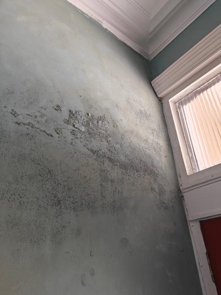 Lot: 24 - FOUR-BEDROOM MAISONETTE - Damp wall with flaking paint